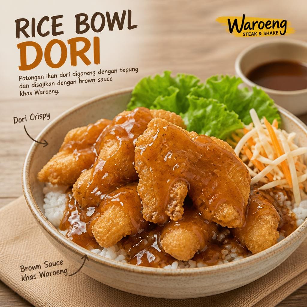 Rice Bowl Dori dengan potongan ikan dori goreng tepung dan nasi